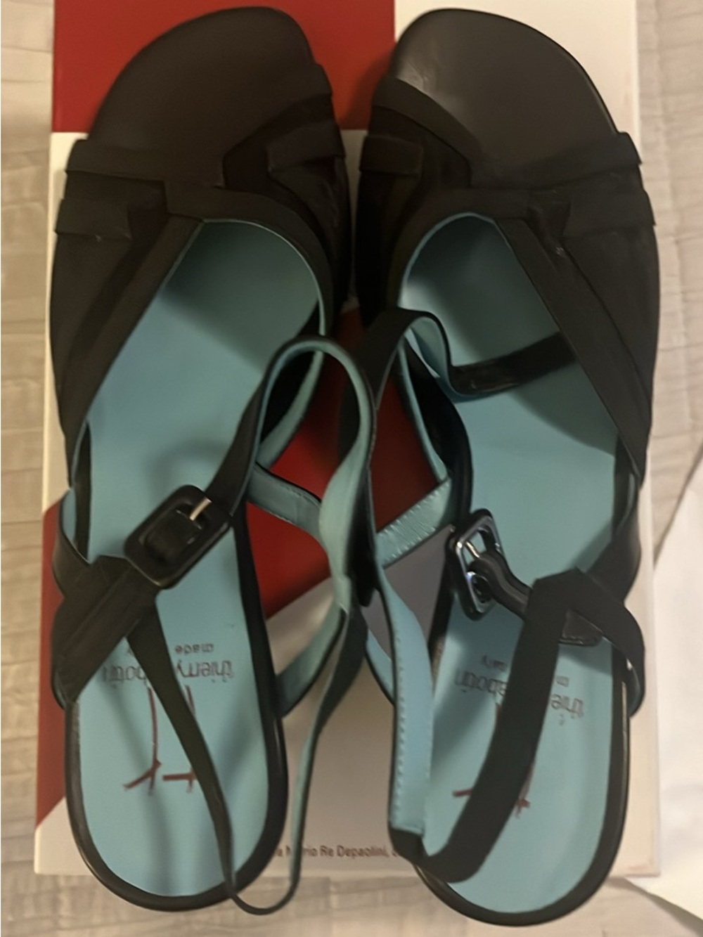 Thierry Rabotin Black Slingback Sandals with Light Blue Insole
